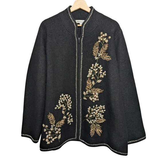 Coldwater Creek 2X Zip Up 100% Wool Cardigan Sweater Black Embroidered Floral - Picture 1 of 9